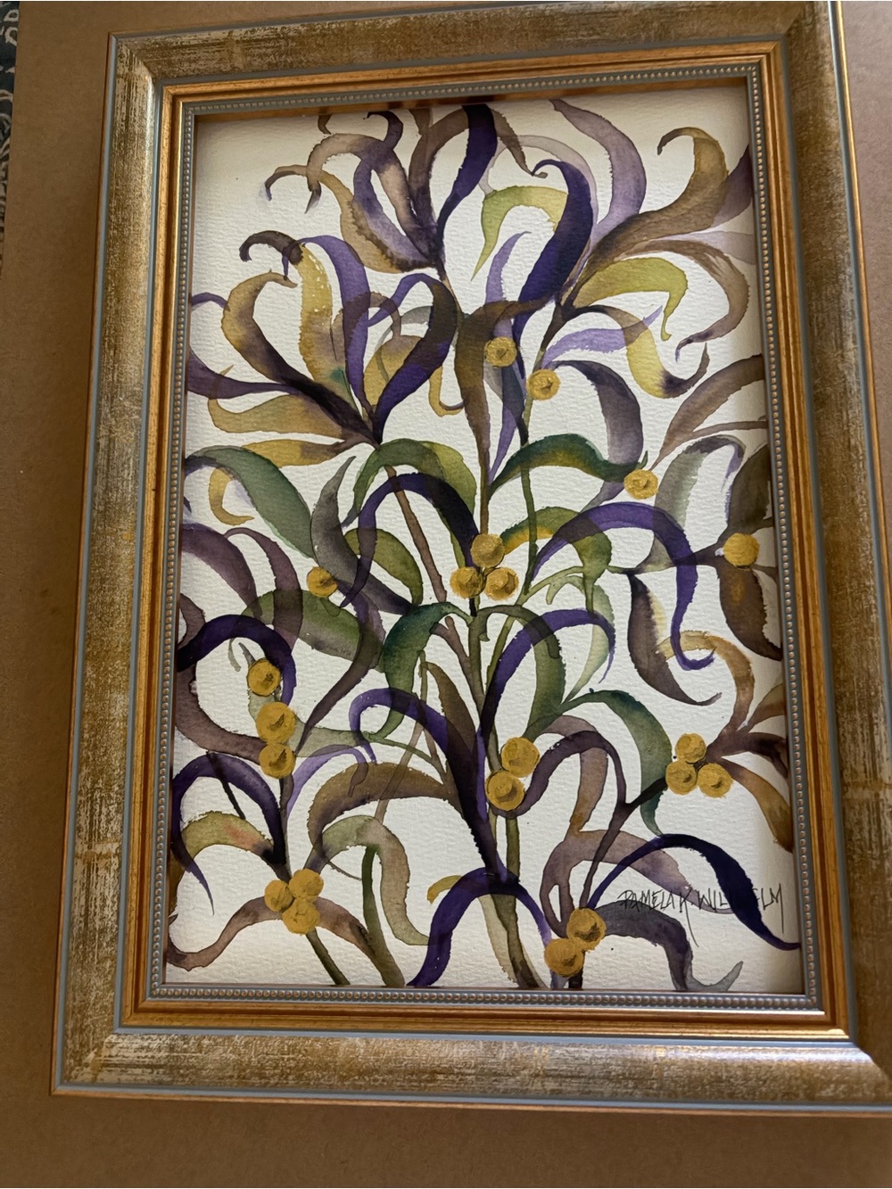 Abstract Floral Watercolor Painting in Purple, Green & Gold 14x10” Gold Frame